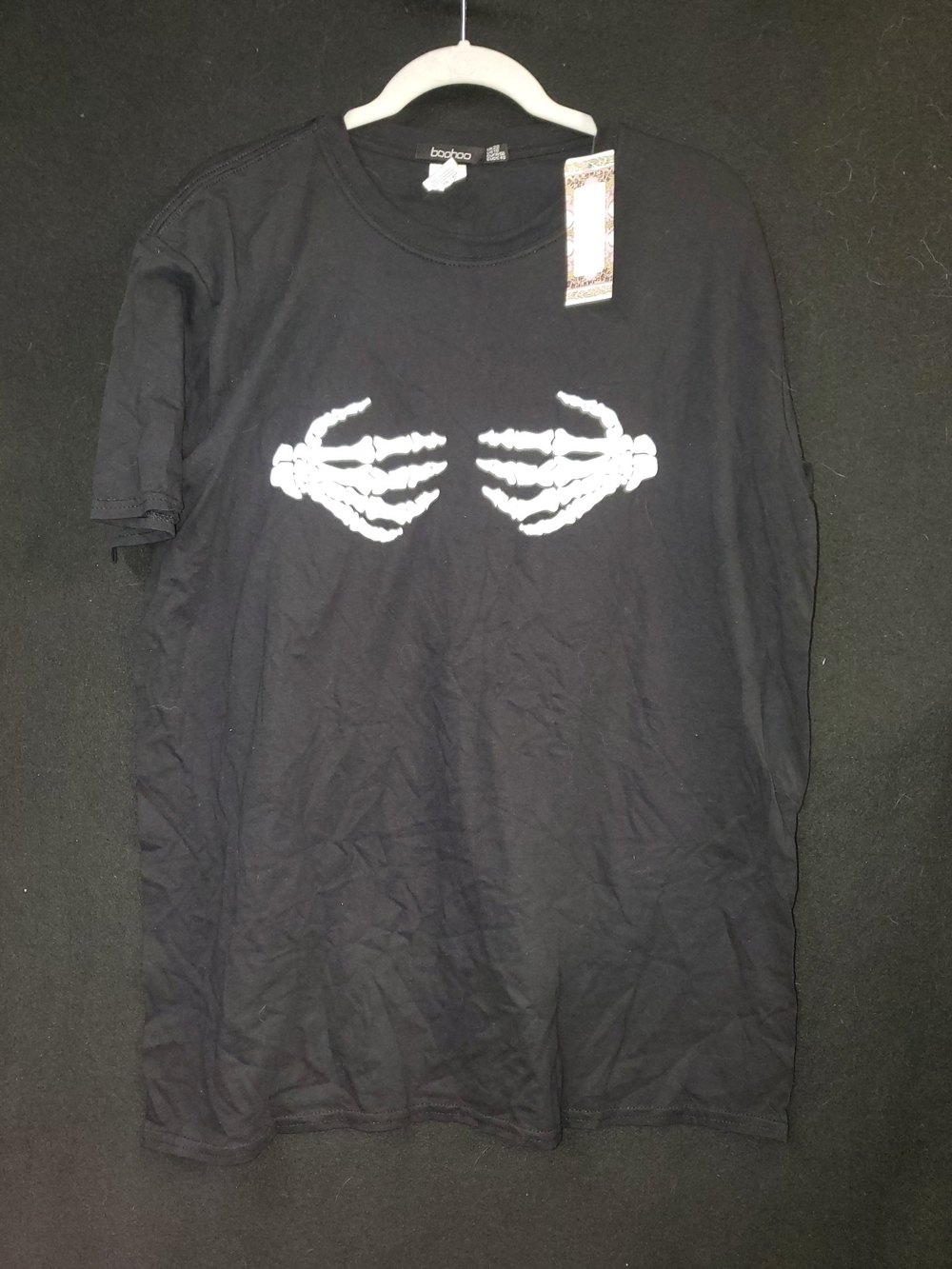 Boohoo Black Short-Sleeve Tee with White Skeleton Hands Graphic
